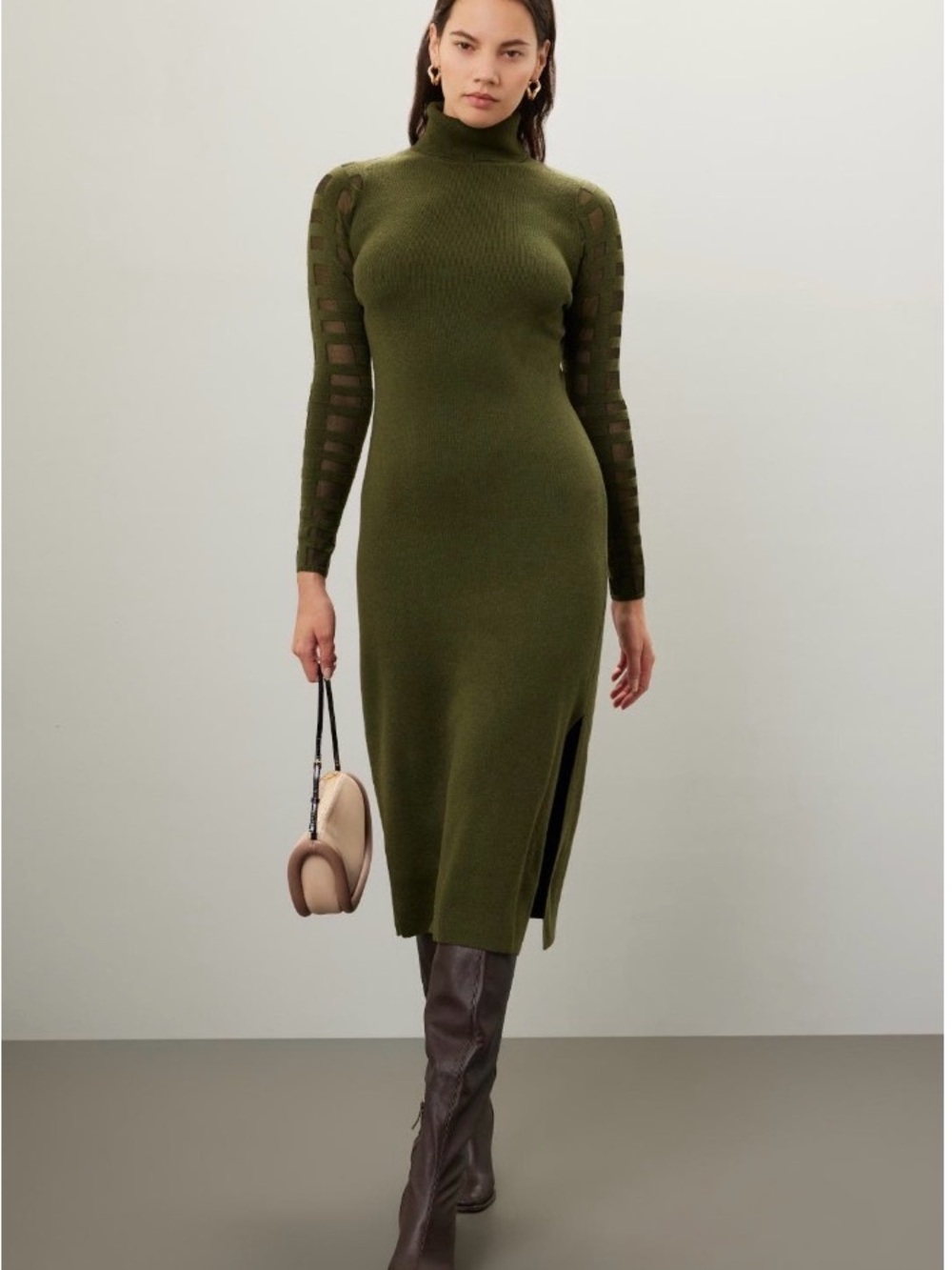 Esteban Cortazar Olive Turtleneck Sweater Dress with Sheer Ladder-Sleeve Detail